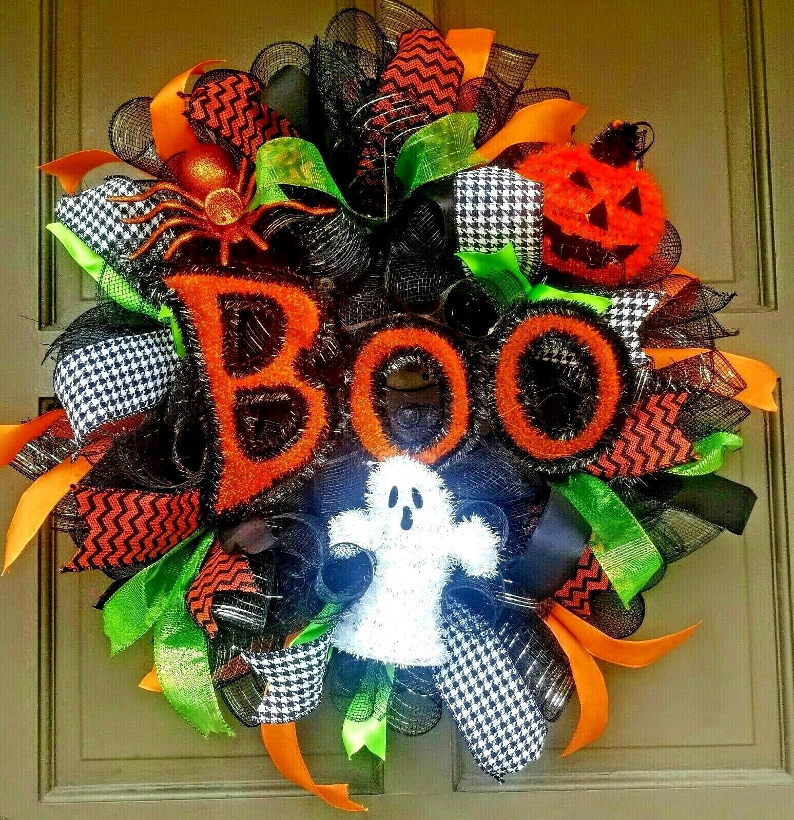 Halloween Wreath Front Door Decoration Large 24″ BOO Handmade Black Deco Mesh