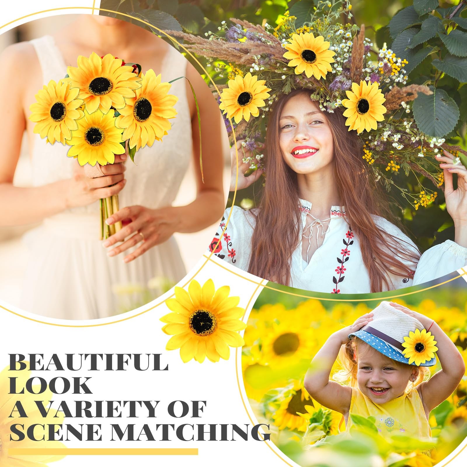 Clip on Fake Sunflowers, Artificial Sunflower Heads with Clips, Faux Silk Sun…