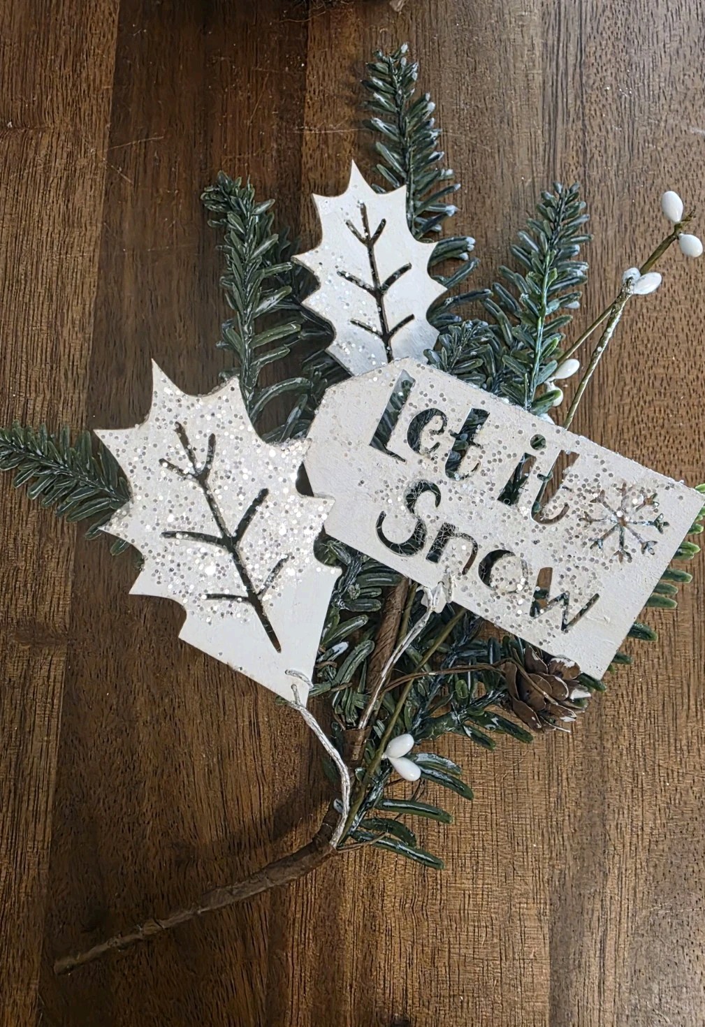 Artificial Pine Branch, Christmas Tree Filler, Decor- Let it Snow Glitter Metal