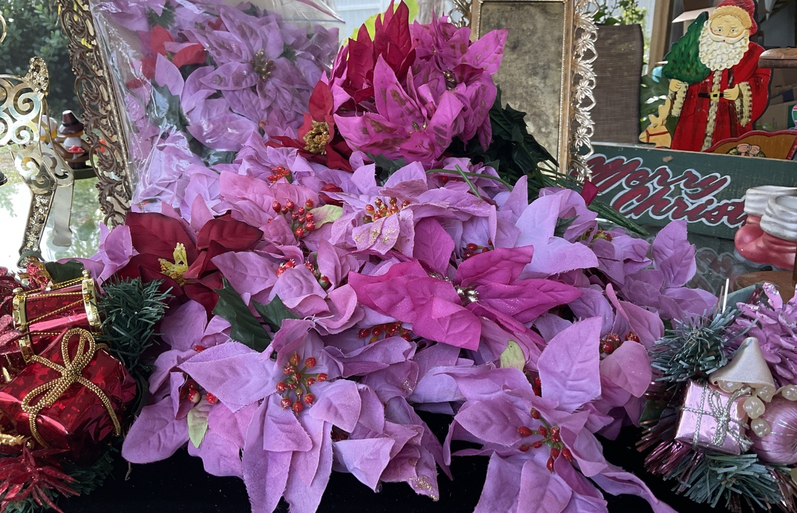 Pink Poinsettia Gold Glitter Artificial Flower Heads Pic Lot Holiday Decor Craft