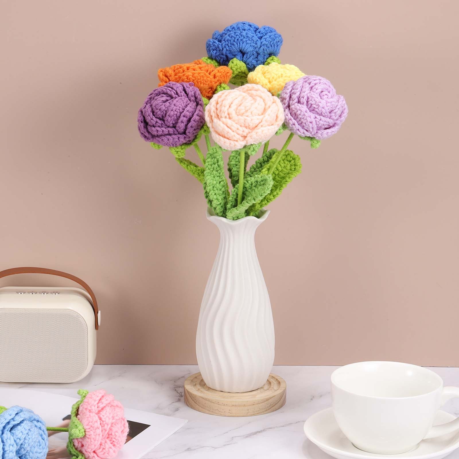 2Pcs Crochet Flower Rose Handmade Knitted Bouquet Dark Blue