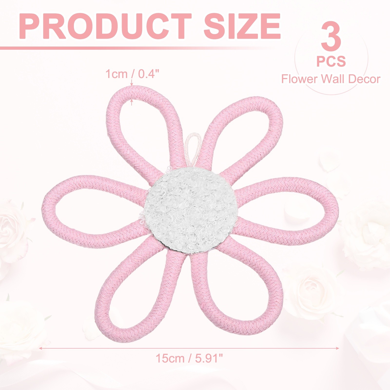 3Pcs Daisies Floral Wall Decor 6″ Flower Art Decor Woven Macrame Light Pink,