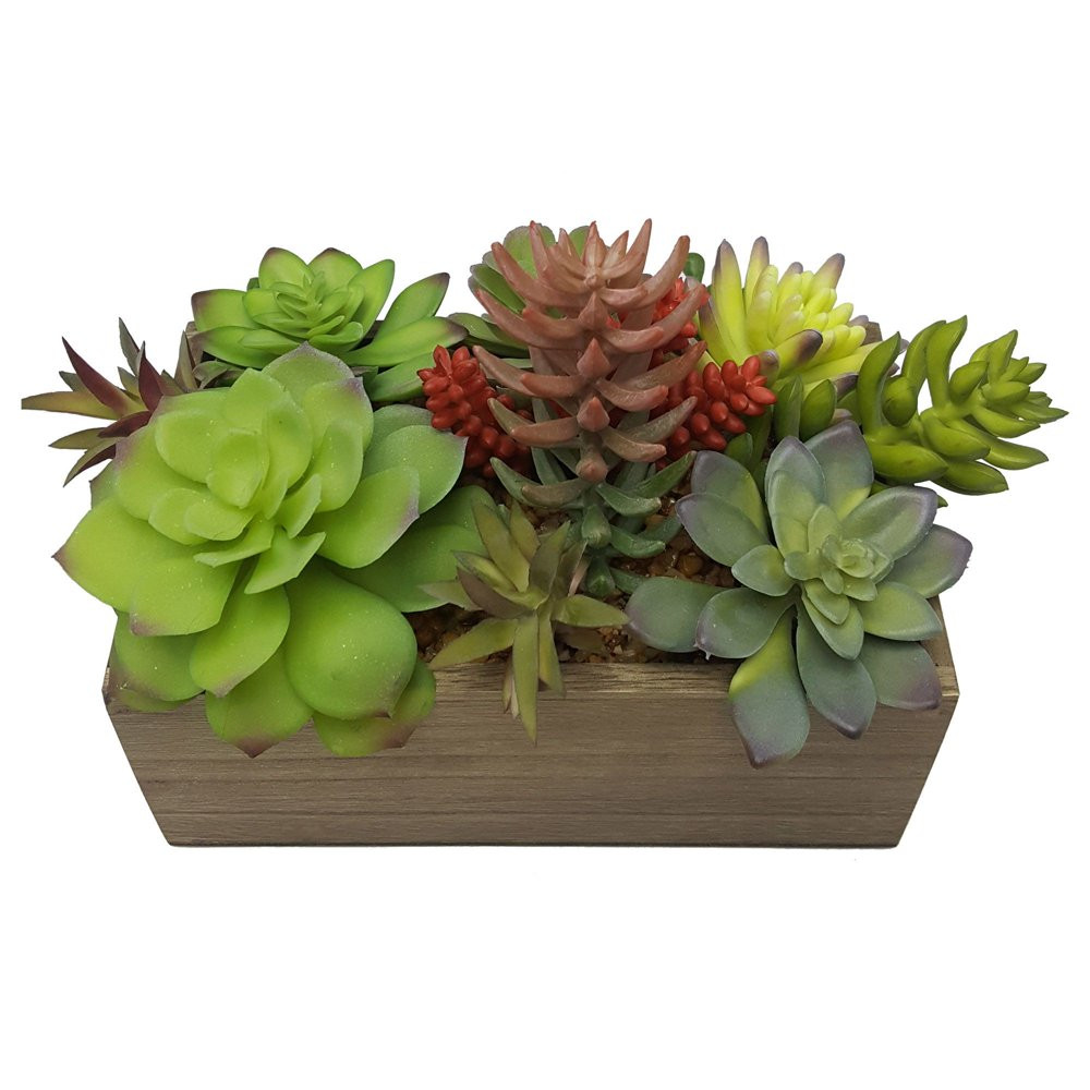ARTIFICIAL MIXED SUCCULENT PLANTS 7.5 In High in Wood Box