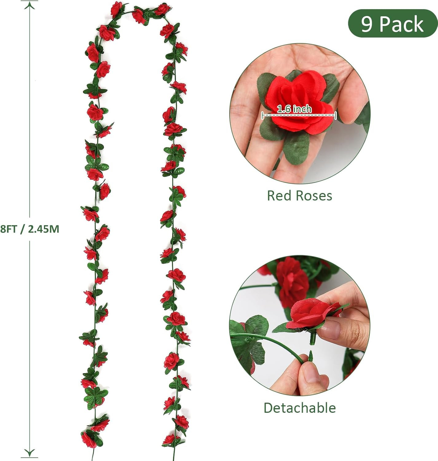 9 Pack 72 FT Artificial Flower Garland, Fake Red Roses Vines Silk Flowers Faux P