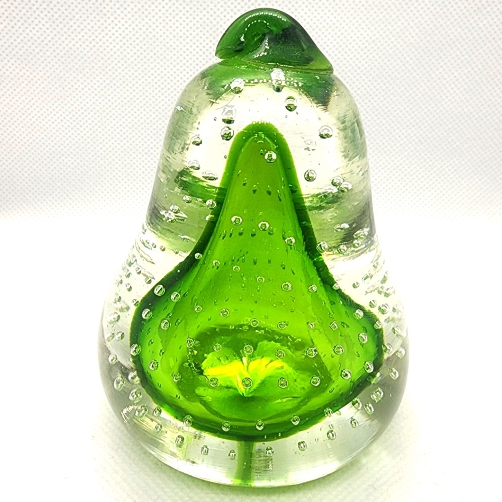 Glass Paperweight Pear Shape Green & Clear Glass with Air Bubbles