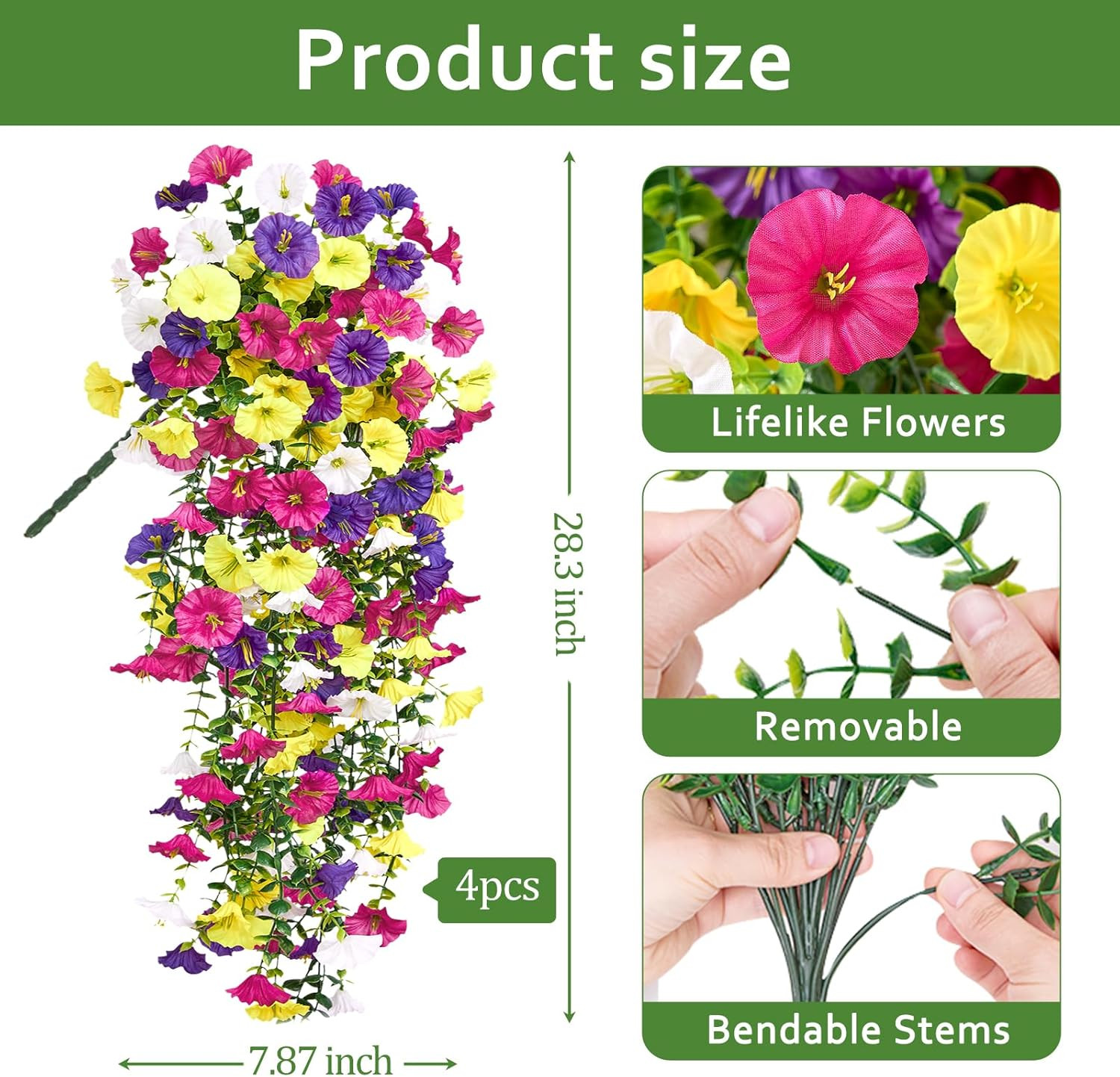 Artificial Hanging Flowers for Outdoors UV Resistant, 4PCS Faux Morning Glory Fa