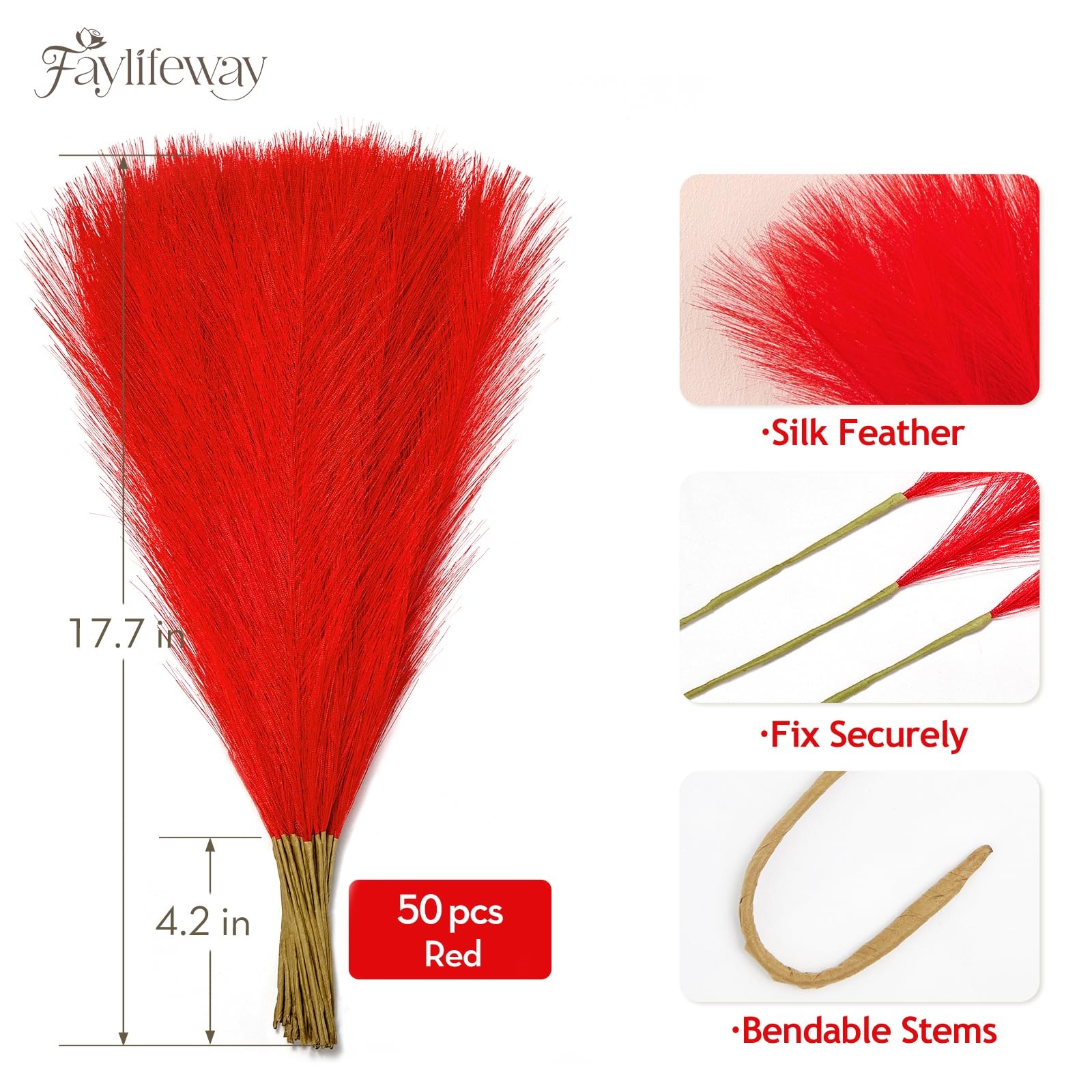 50 PCS Red Pampas Grass, 17in Pampas Grass Decor, Artificial Pompas Wall Deco…