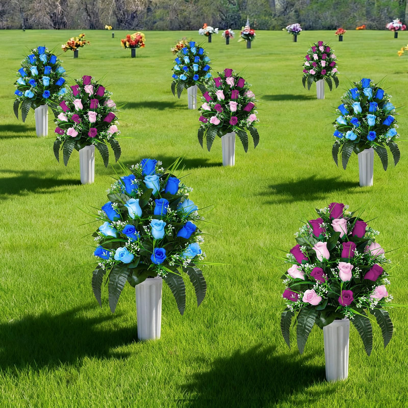 2 Sets Artificial Cemetery Flowers, Grave Decorations Roses, Memorial Flowers Bo