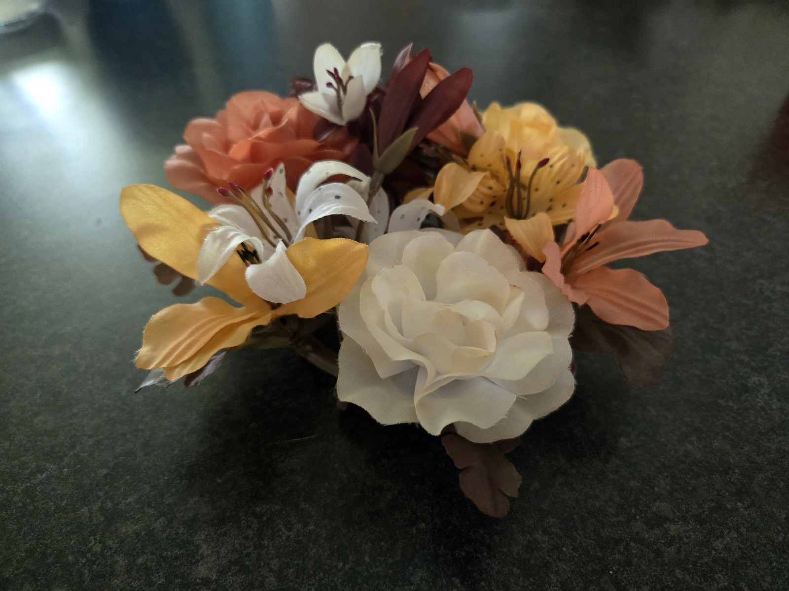Vintage Fake Artificial Flower Floral Candle Ring Orange Yellow Cream