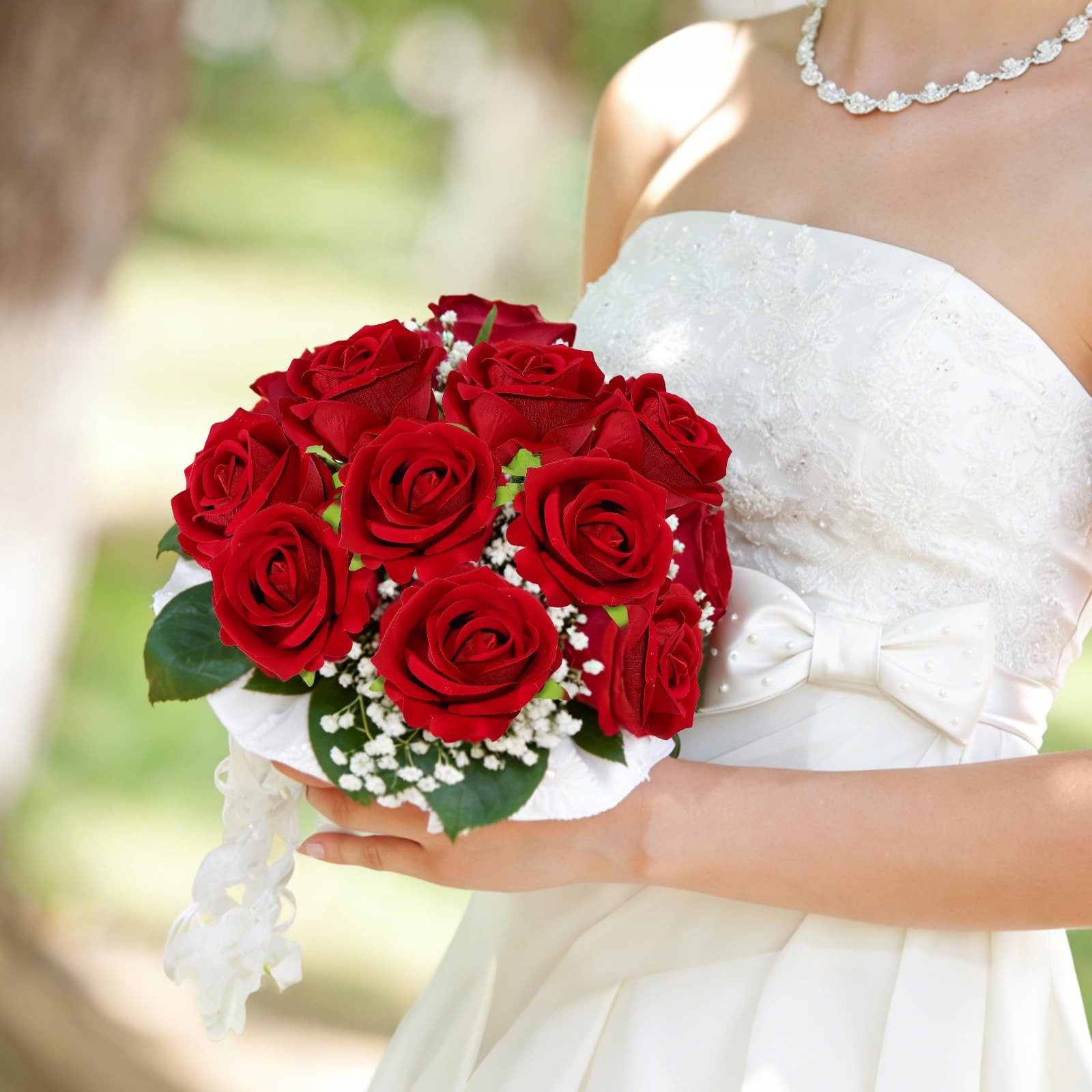 12 Pcs Red Roses Artificial Flowers, Real Touch Fake Velvet Flowers with Stem…
