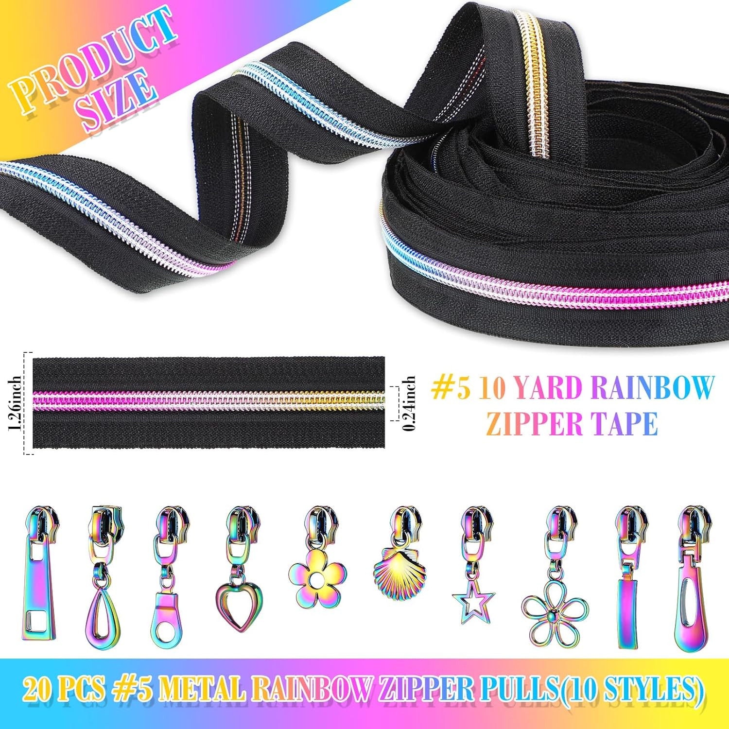 Zeyune #5 Rainbow Zipper Tape by the Yard 10 Yards Rainbow Teeth Nylon Zipper