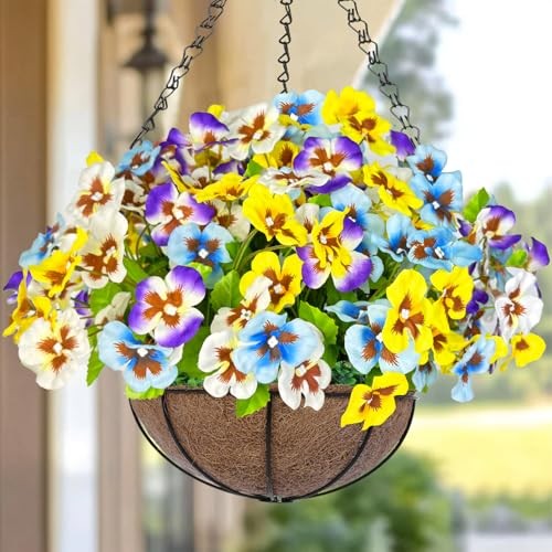 Pansies Fake Hanging Plants Pansy Flowers & Basket for Outdoor Outside