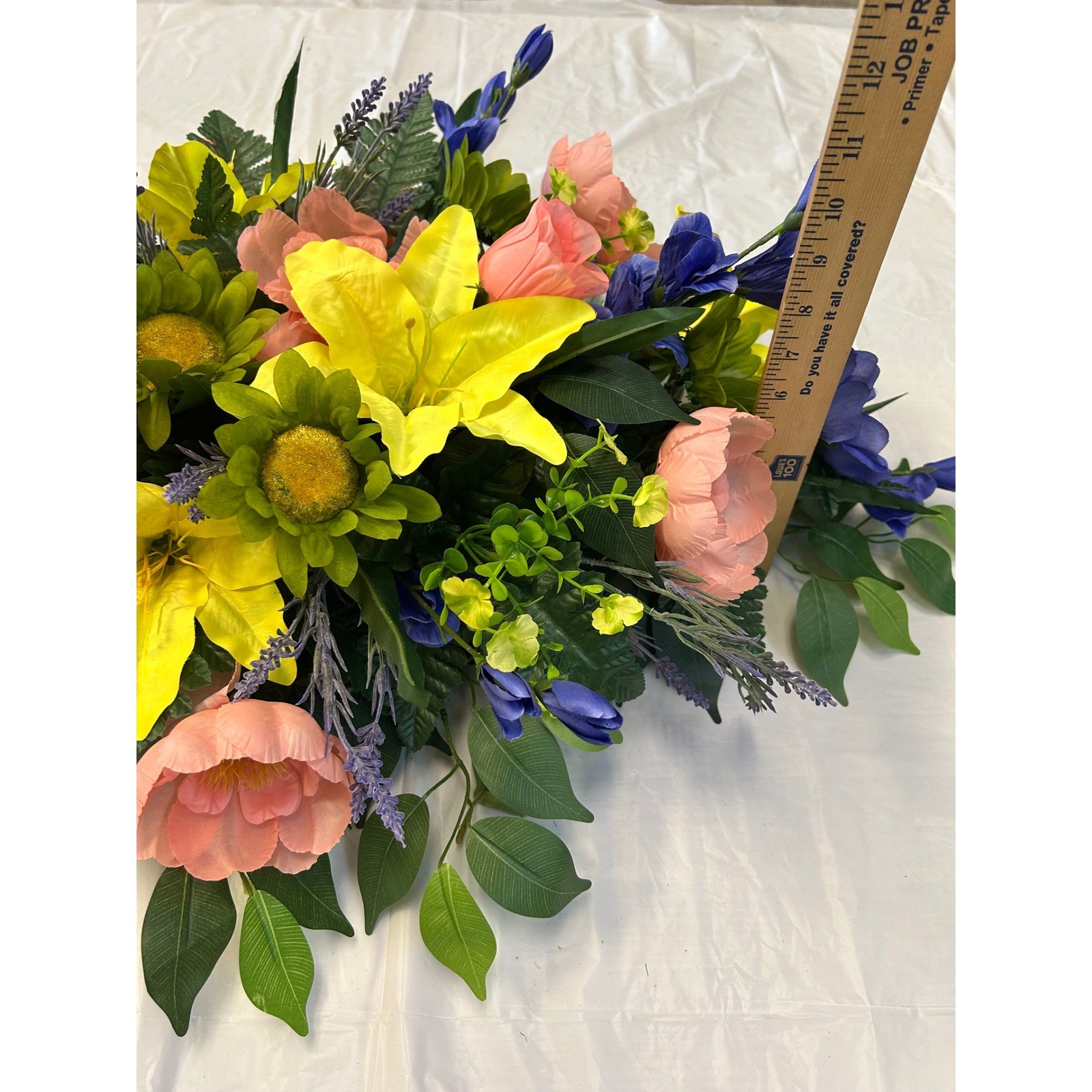 Large Artificial Floral Cemetery Spray Yellow Lily Coral Peony 36 Inch Swag