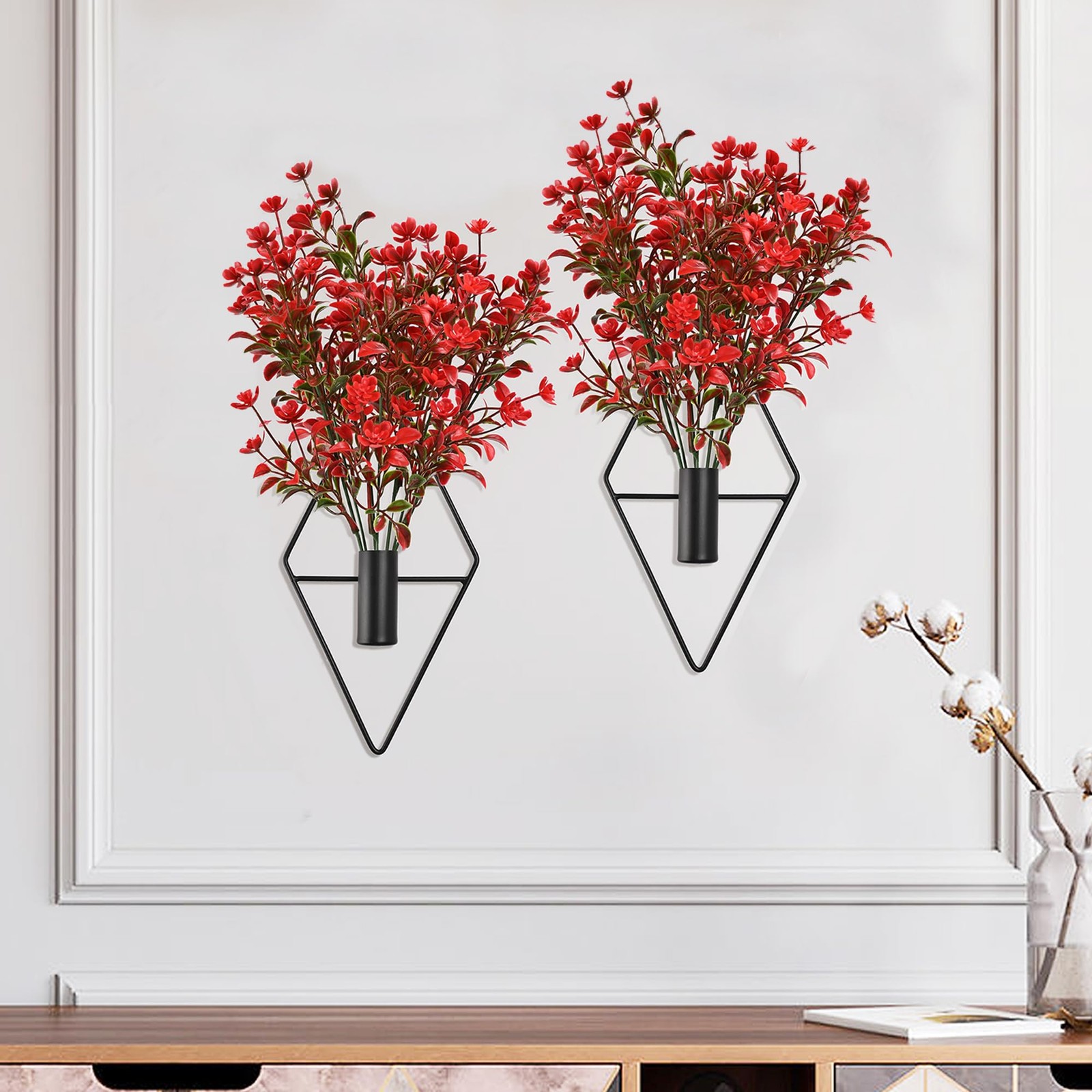 Plant Wall Decor with Red Artificial Flowers in Diamond Hanging Vase Set of 2…