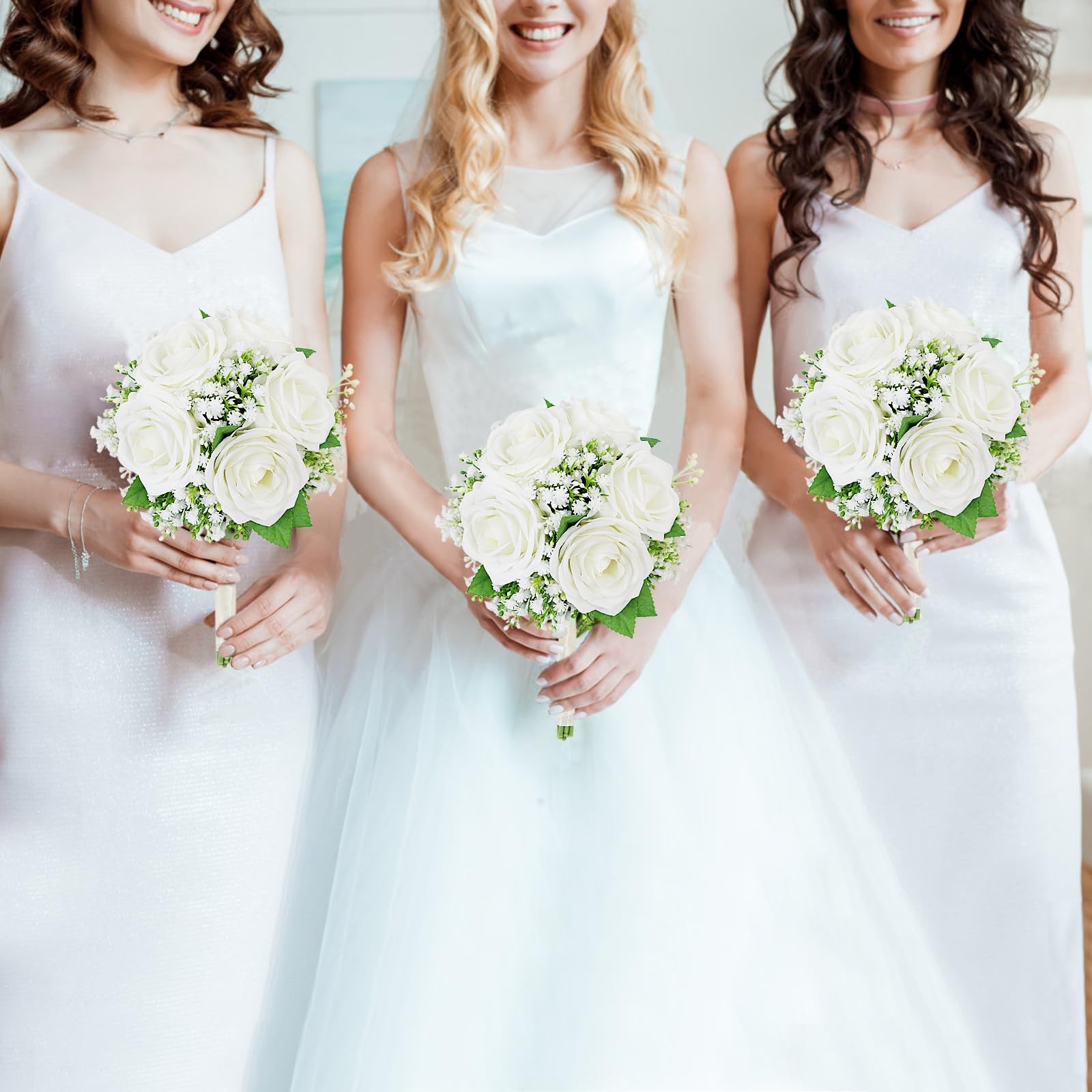 Set of 4 Bridesmaid Bouquets for Wedding – 7 Inch Ivory White Fake Flower Bou…