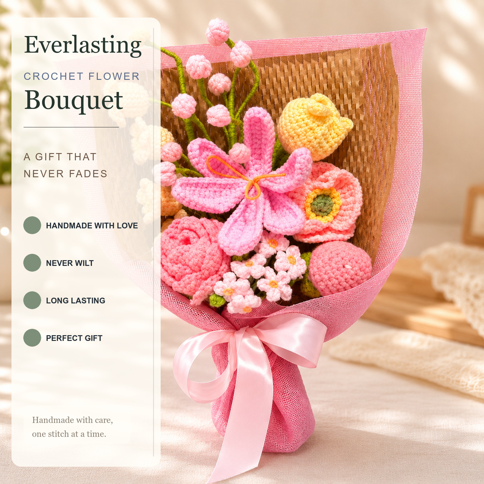 Pink Lily Crochet Flower Bouquet with Vase Birthday Gift Decor