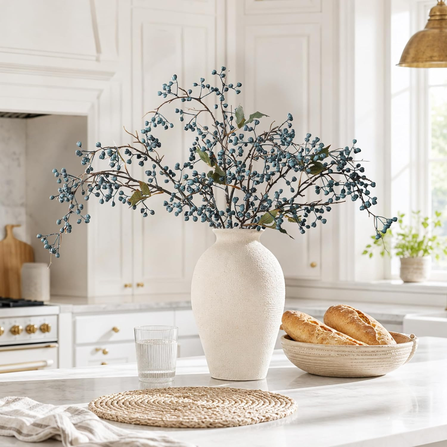 HyeFlora 4 Pcs Artificial Blueberry Stems, 32 Inch, Dual Blue Rose | Faux Berry