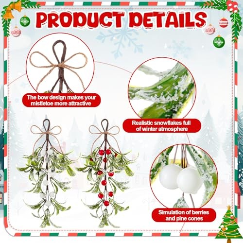 6 Pcs Christmas Mistletoe Decor Artificial Mistletoe 9 Inch Green, White, Red