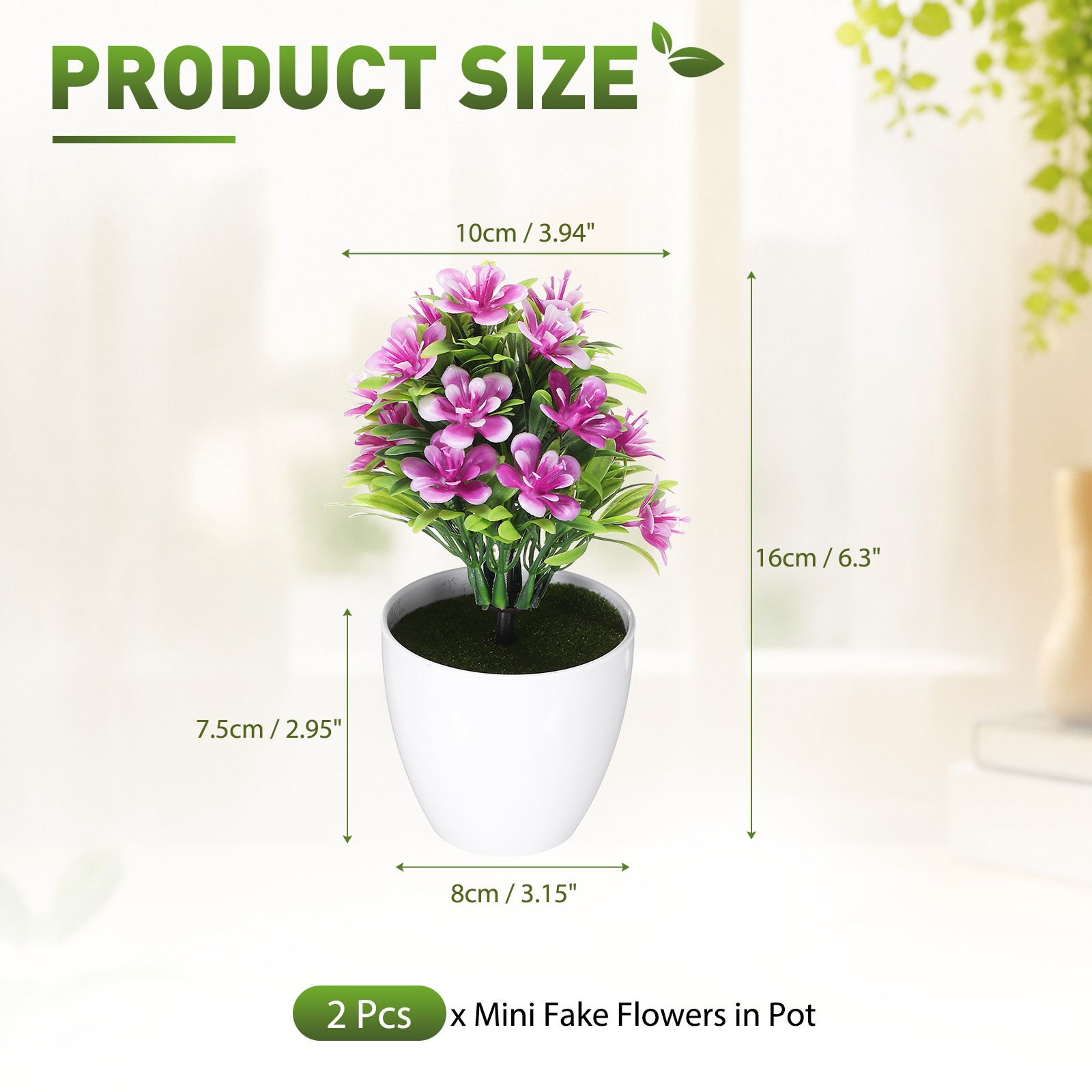 Mini Fake Flowers in Pot 2Pcs – for Home Bedroom Bathroom Office, Magenta