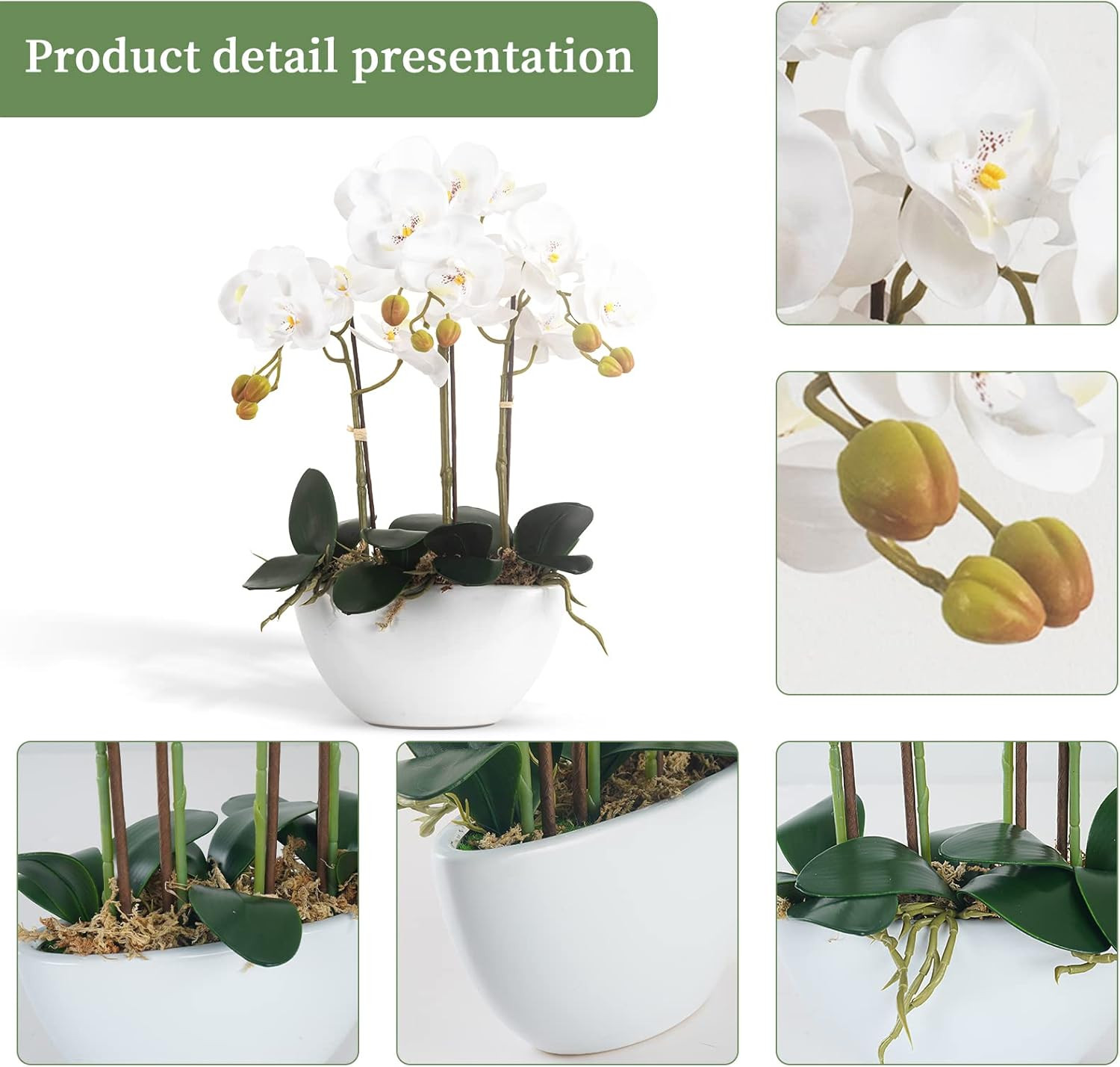 Realistic White Orchid Flowers in Ceramic Pot for Home Office Decor