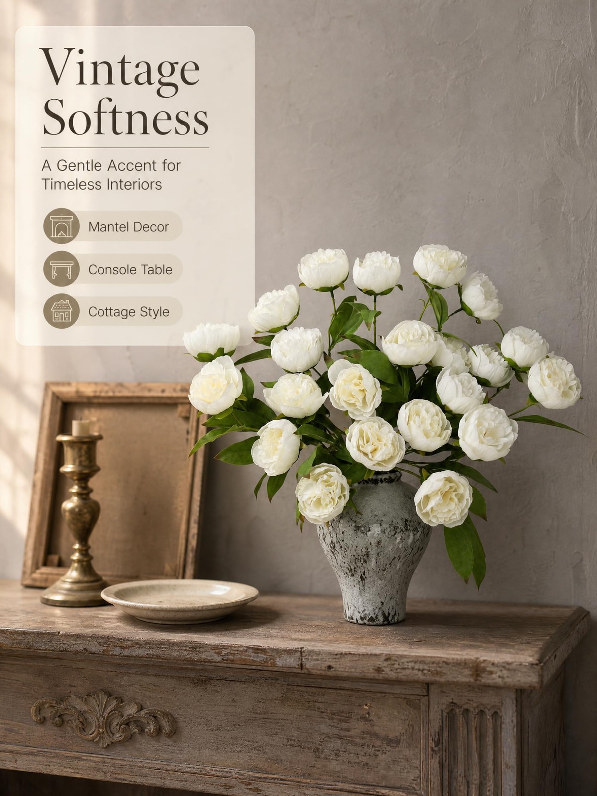 Artificial Peony Flowers for Tall Vase, 27″, 6 Pcs (White Peony)