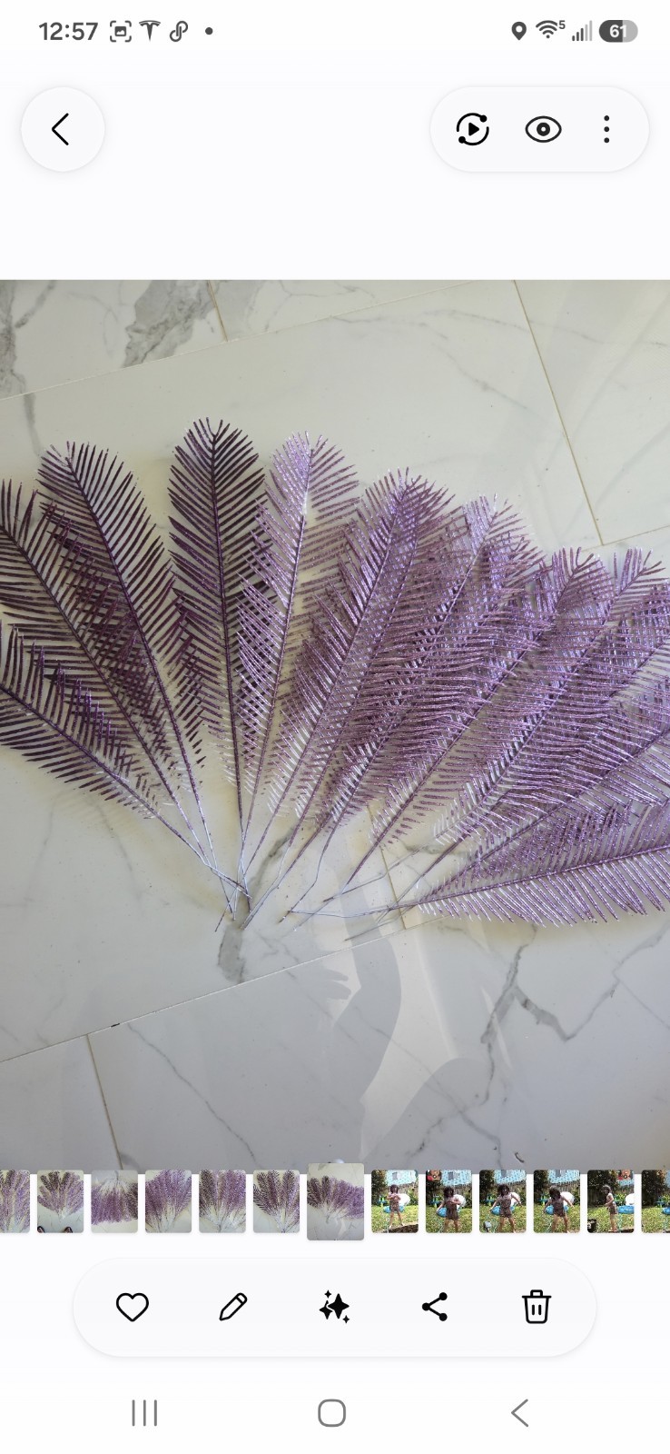 14 Pieces Purple Glittered Retro Plastic Forrest Fern, Size 15″