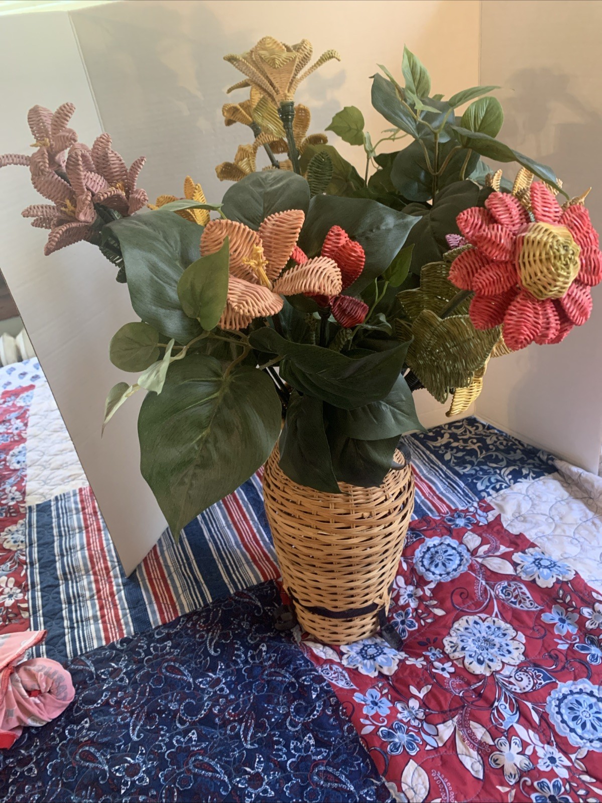 Handcrafted RARE Artificial Flowers Made of Wicker Rattan- Vintage READ