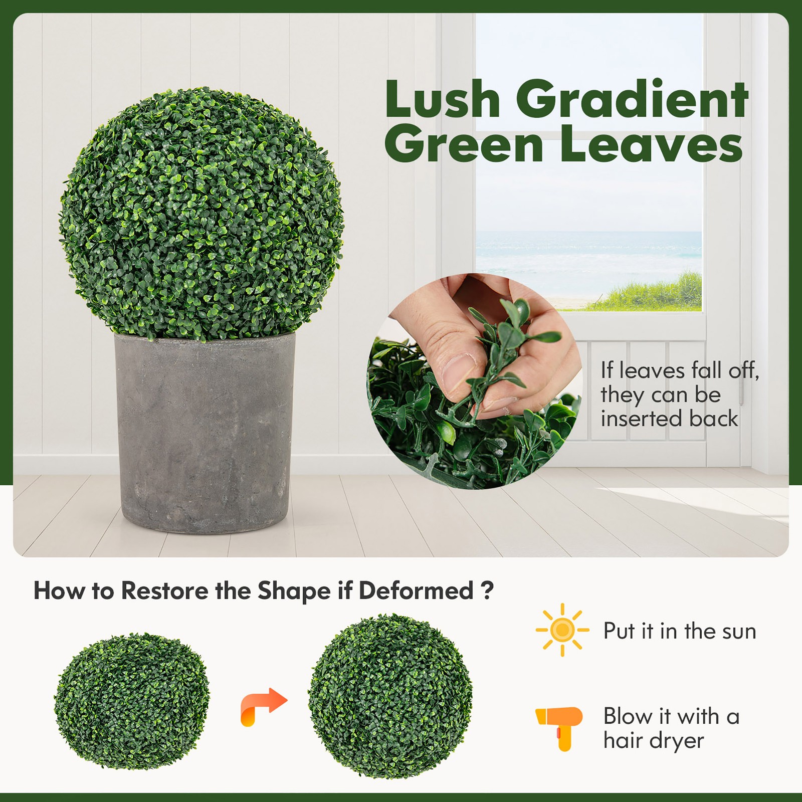 2 PCS 16” Artificial Boxwood Topiary Balls Sun-protective Round Greenery Bushes
