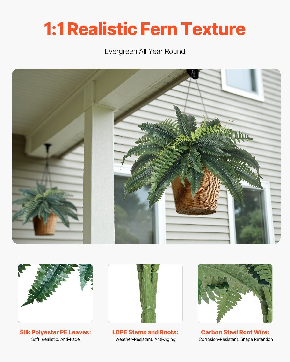 2pcs Dense Fake Fern, 31-34in Spread, Fade-Resistant PE+Silk Leaves