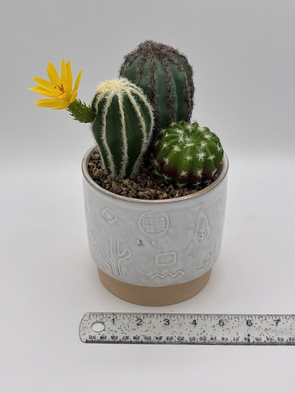 Garden Party Faux Cactus Arrangement Ceramic Etched Planter 9″ Walgreens #738996