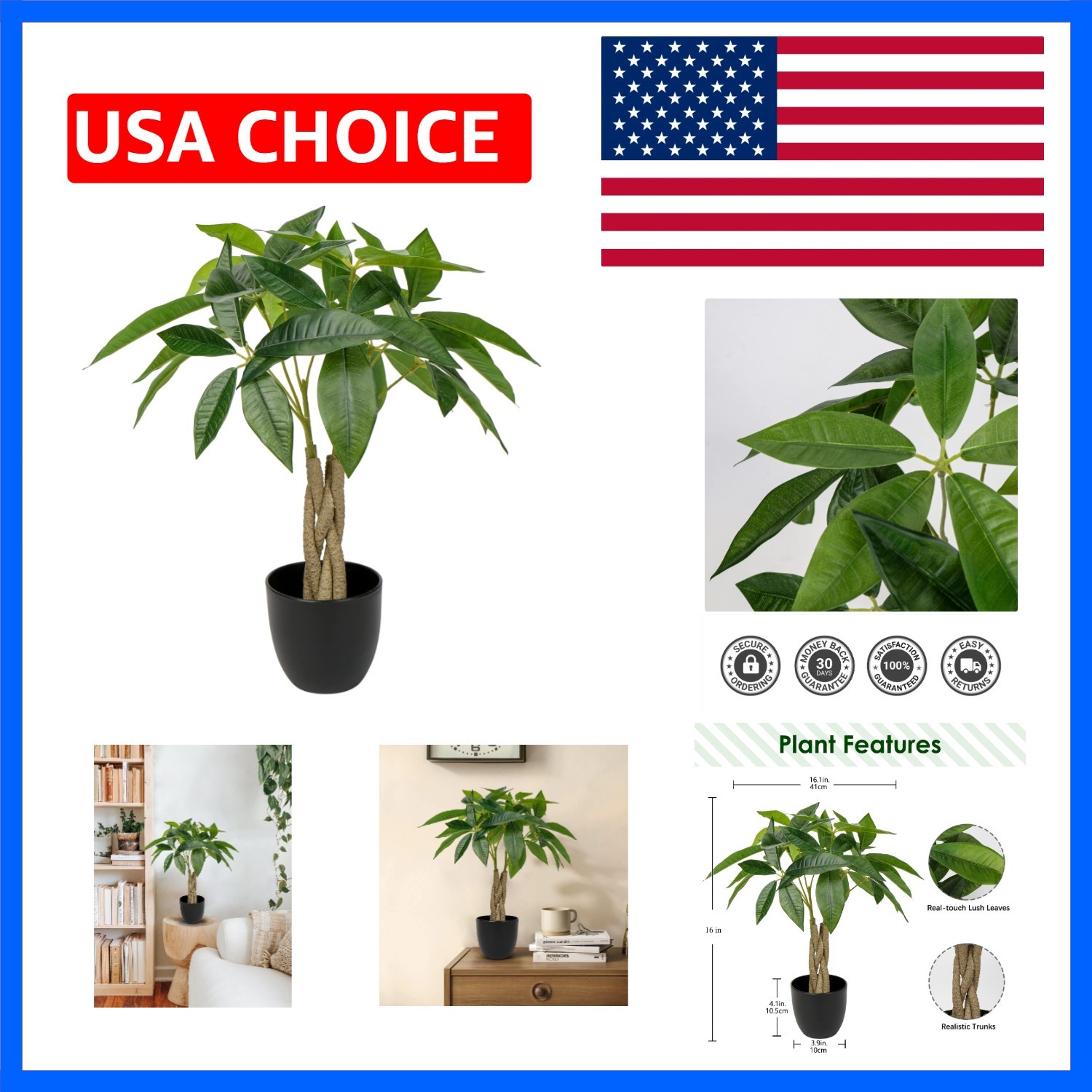16 Inch Fake Money Tree – Indoor Potted Artificial Pachira Money Tree – Small…