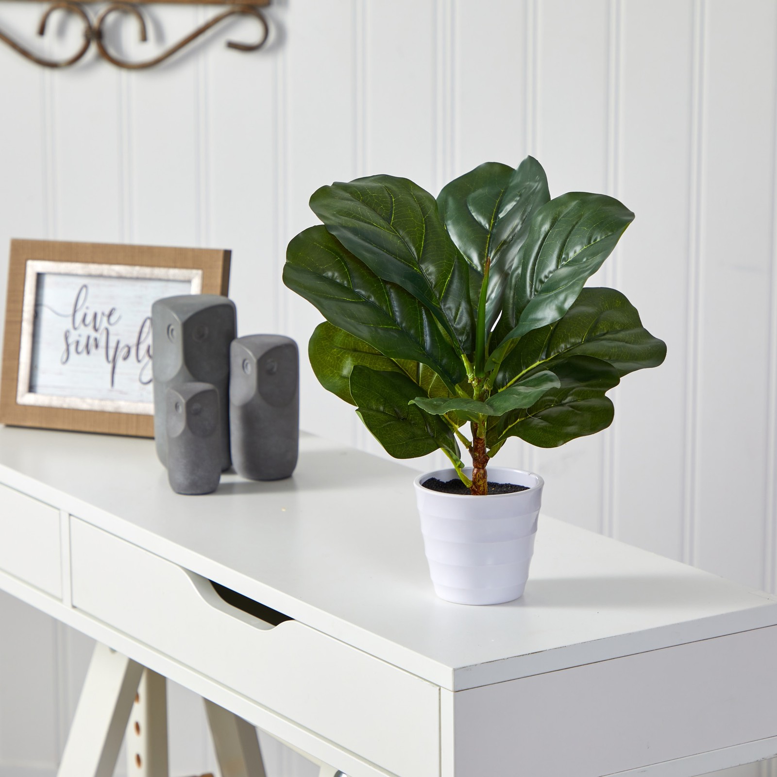 11 Inch Faux Fiddle Leaf Plant in White Planter Real Touch Indoor Decor