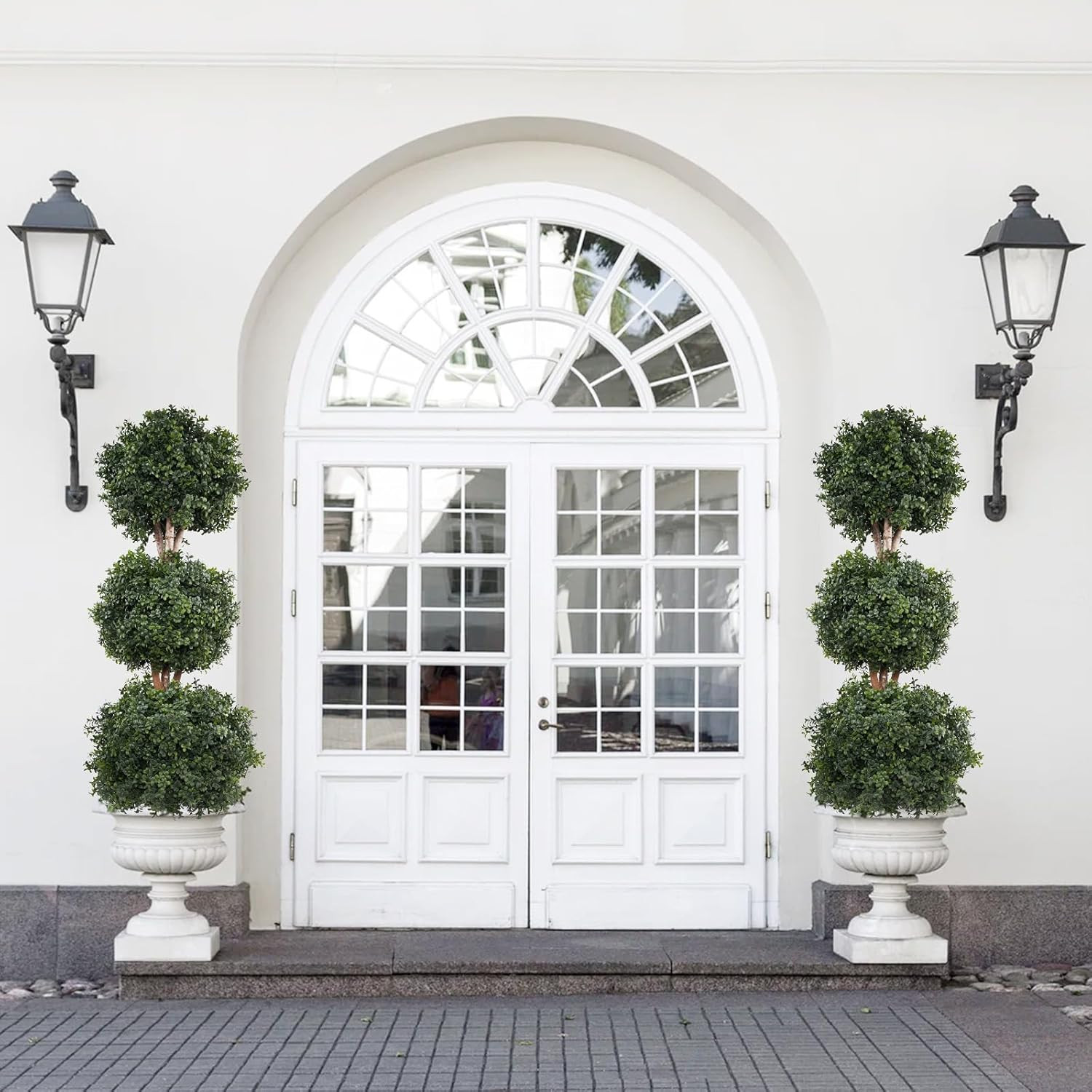 4.8Ft Artificial Topiary Triple Ball Trees – 2 Potted Faux Boxwood Plants