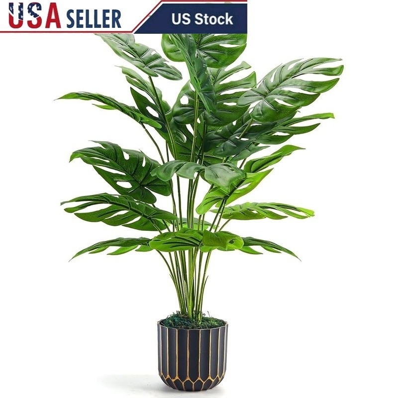 28 Inch Faux Monstera Plant W/ DIY Pot Black Gold Decoration Indoor Greenery New