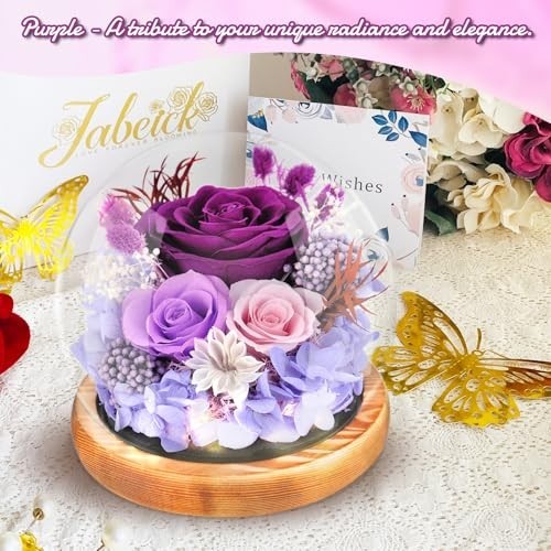 Eternal Rose in Glass Dome – Preserved Flowers with LED Light, Long-Lasting Gift