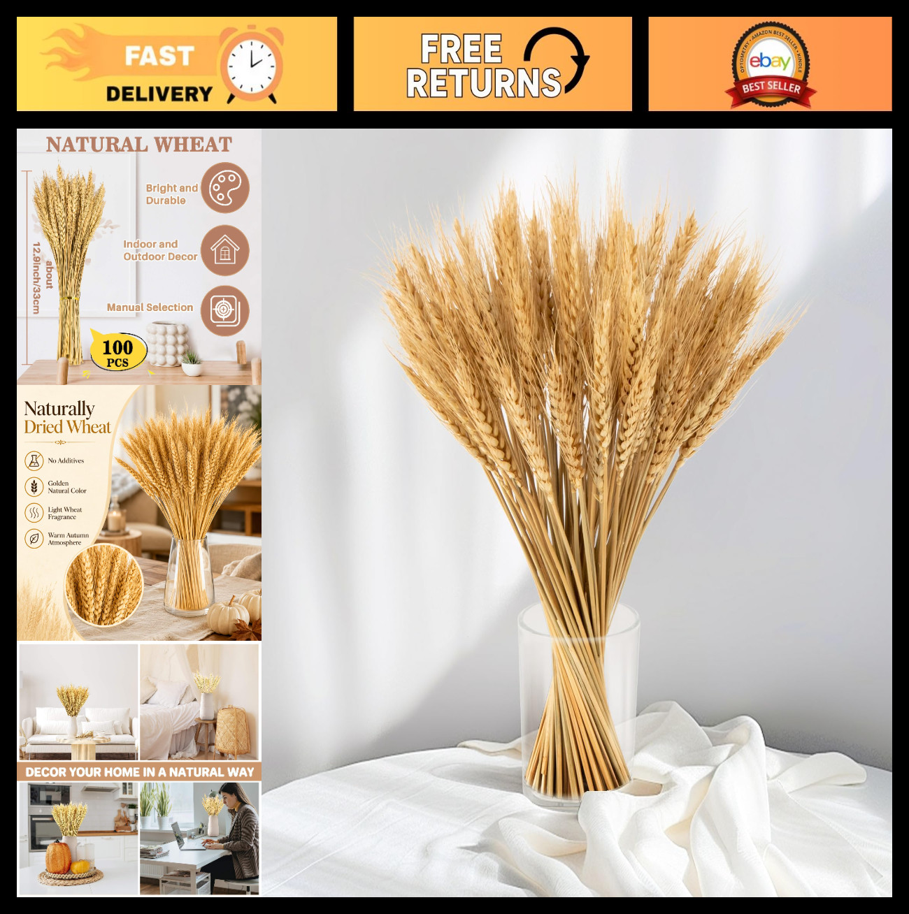 100 Stems Dried Wheat Stalks – Natural Decor for Home, Wedding, Kitchen, Boho DI