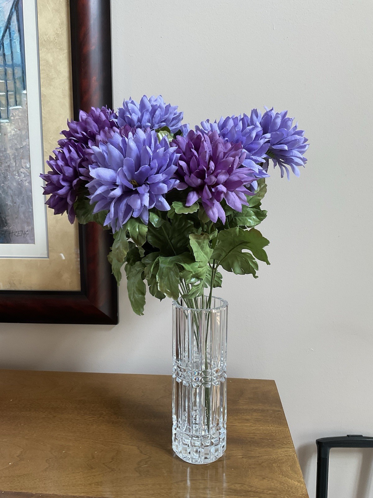 Artificial Purple Mum Flower Bouquet w/Leaves ~ 19” Long ~ Fall Decor