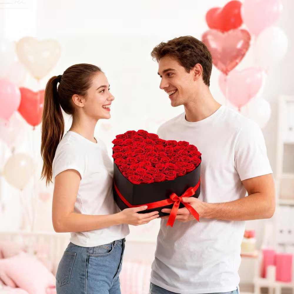 50 Preserved Roses in a Heart-Shaped Box, 6.5 In. Red Indoor Artificial Rose in
