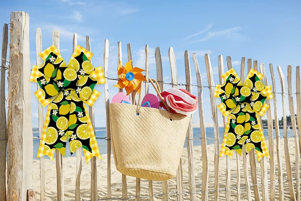 2Pcs White Yellow Plaid Burlap Lemons Flower Bows for Wreaths, Summer Fruits Rib