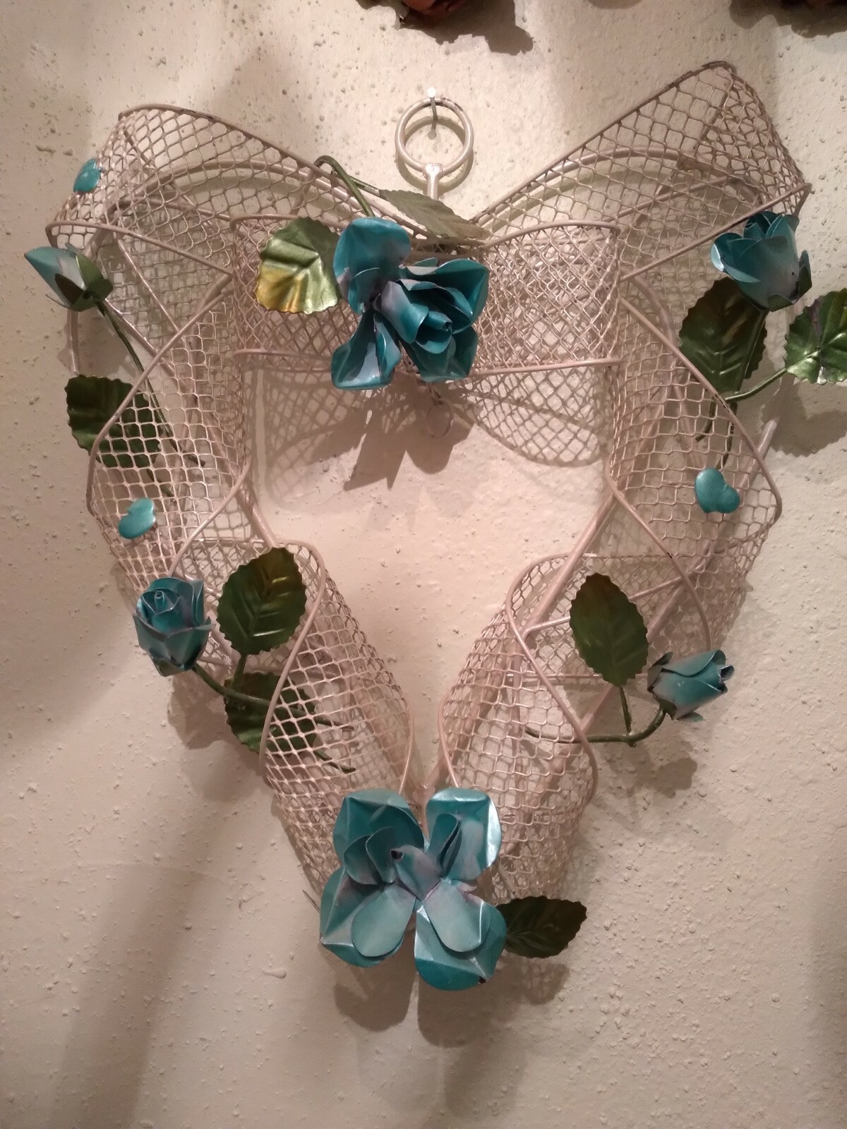 Antique Handmade Metal Wire Heart Shaped Wreath w/ Roses & Bow Wall Decor RARE
