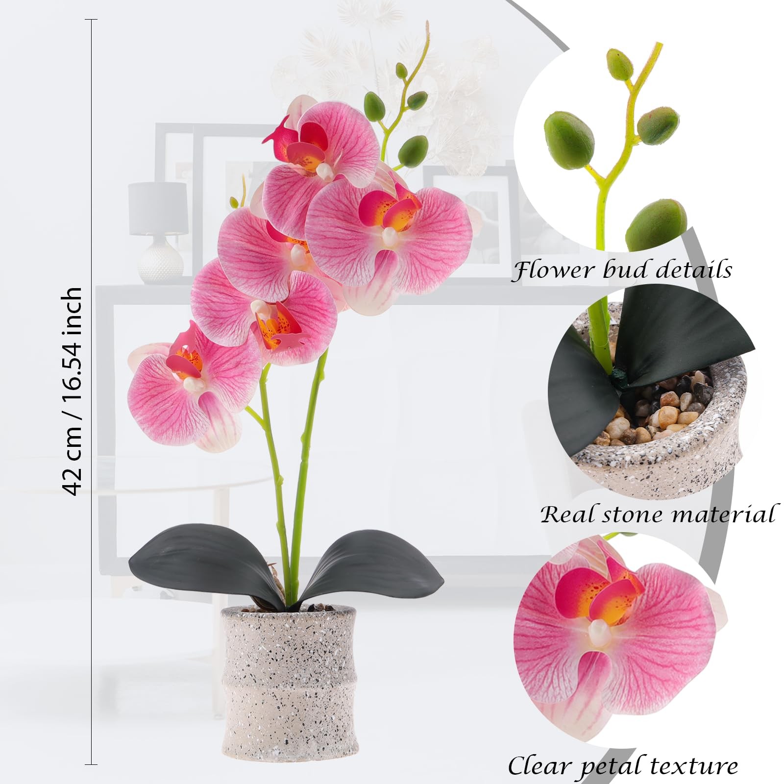16.5 Inch Pink Artificial Orchid Flowers Pot Fake Phalaenopsis Bonsai Decor