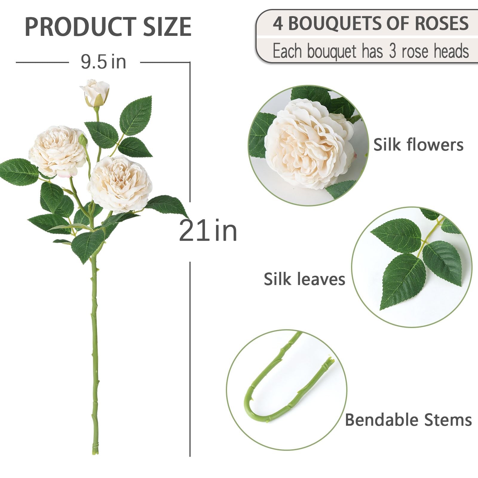 4Pcs Beige Artificial Roses Flowers Fake Silk Rose Flower with Leaves Stems R…
