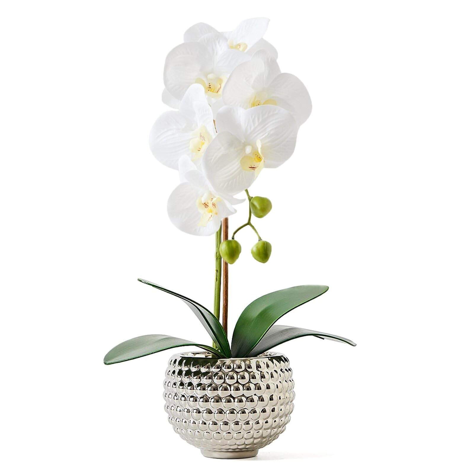 Large Artificial Orchid Flowers In Silver Pot Faux Plants Indoor Table Decor