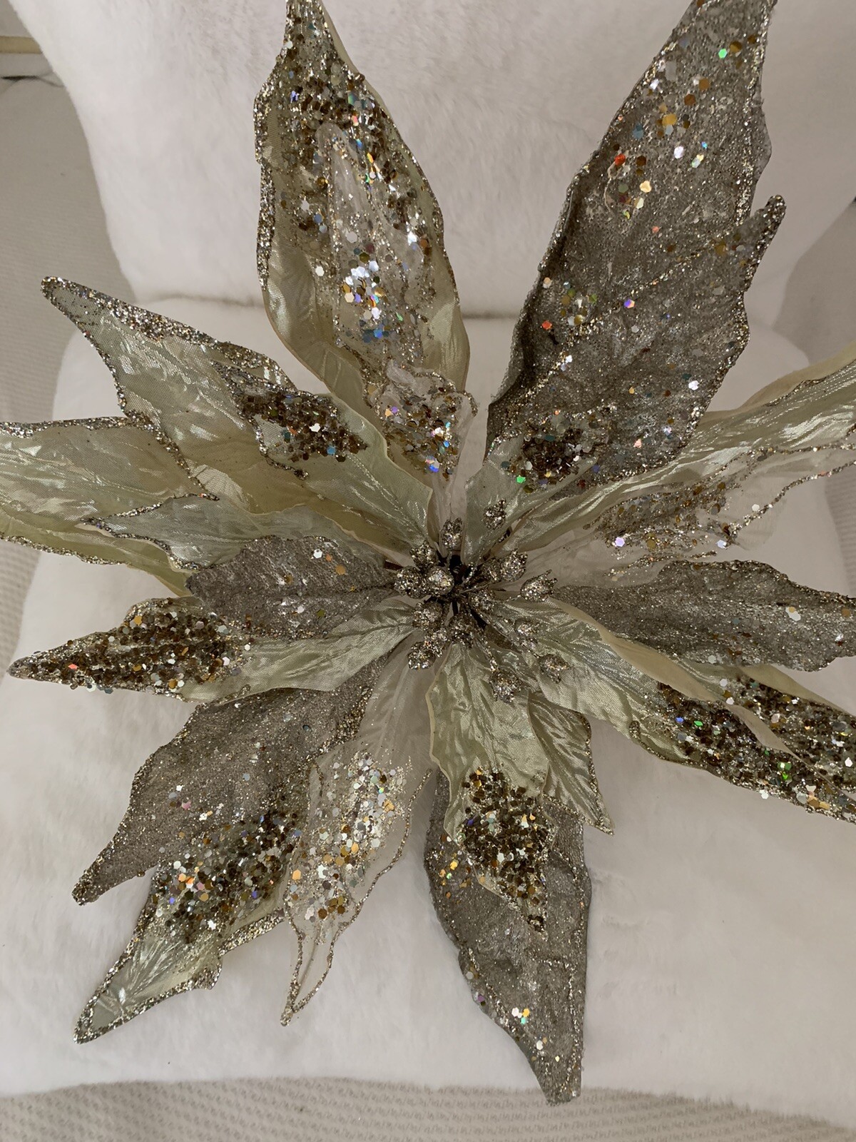 XL 18” Poinsettia Cluster Clip Decor Platinum Jeweled Glitter Christmas Wedding