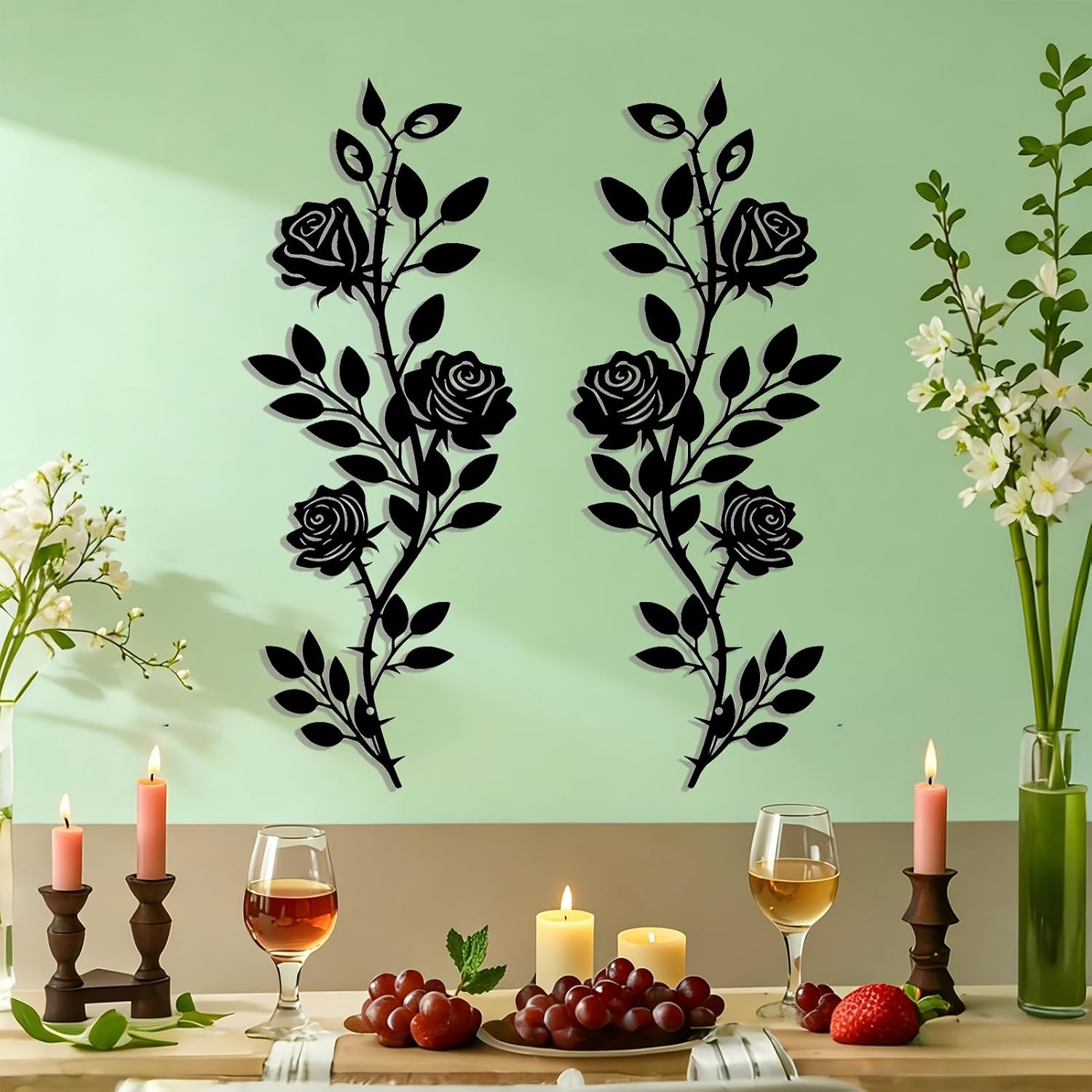 2Pcs Metal Rose Floral Wall Decor Art , Rustic Wrought Iron Plant