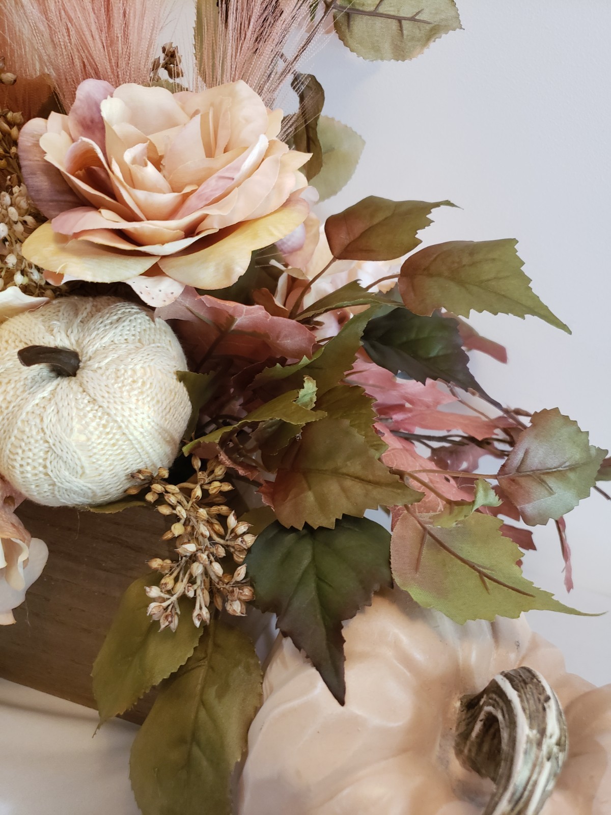 Pink Dried Look Hydrangea Centerpiece, Pampas Grass, Cream Pumpkins