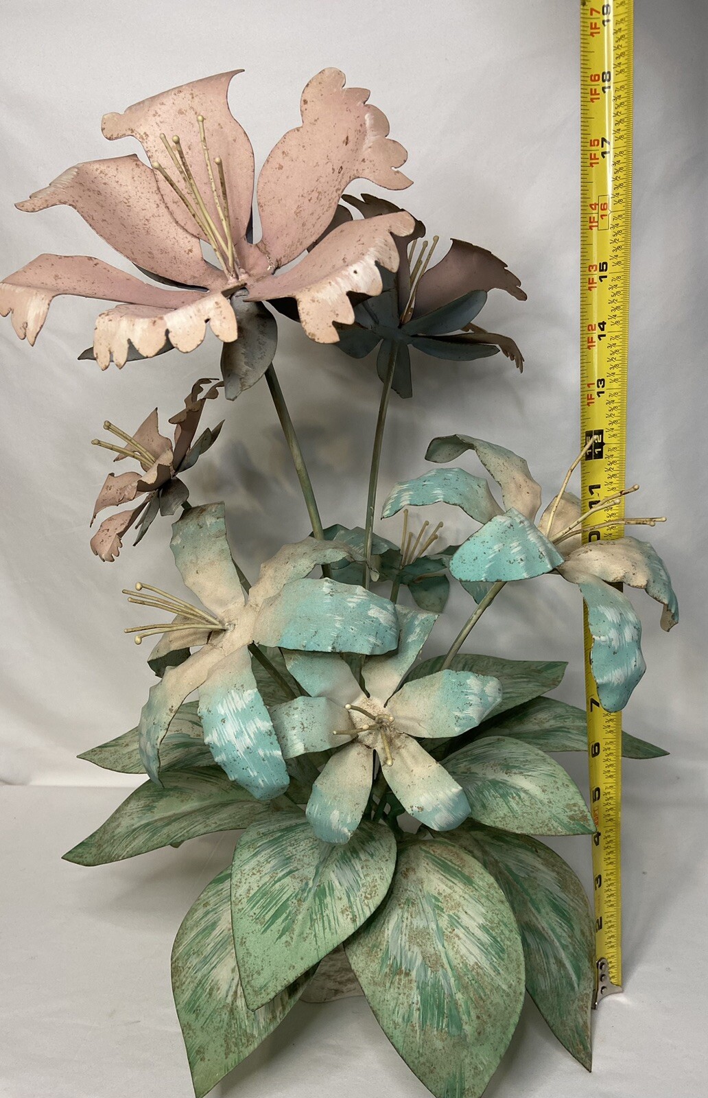 Vintage Metal Flower Arrangement 19” Tall Pink, Blue, Green **READ