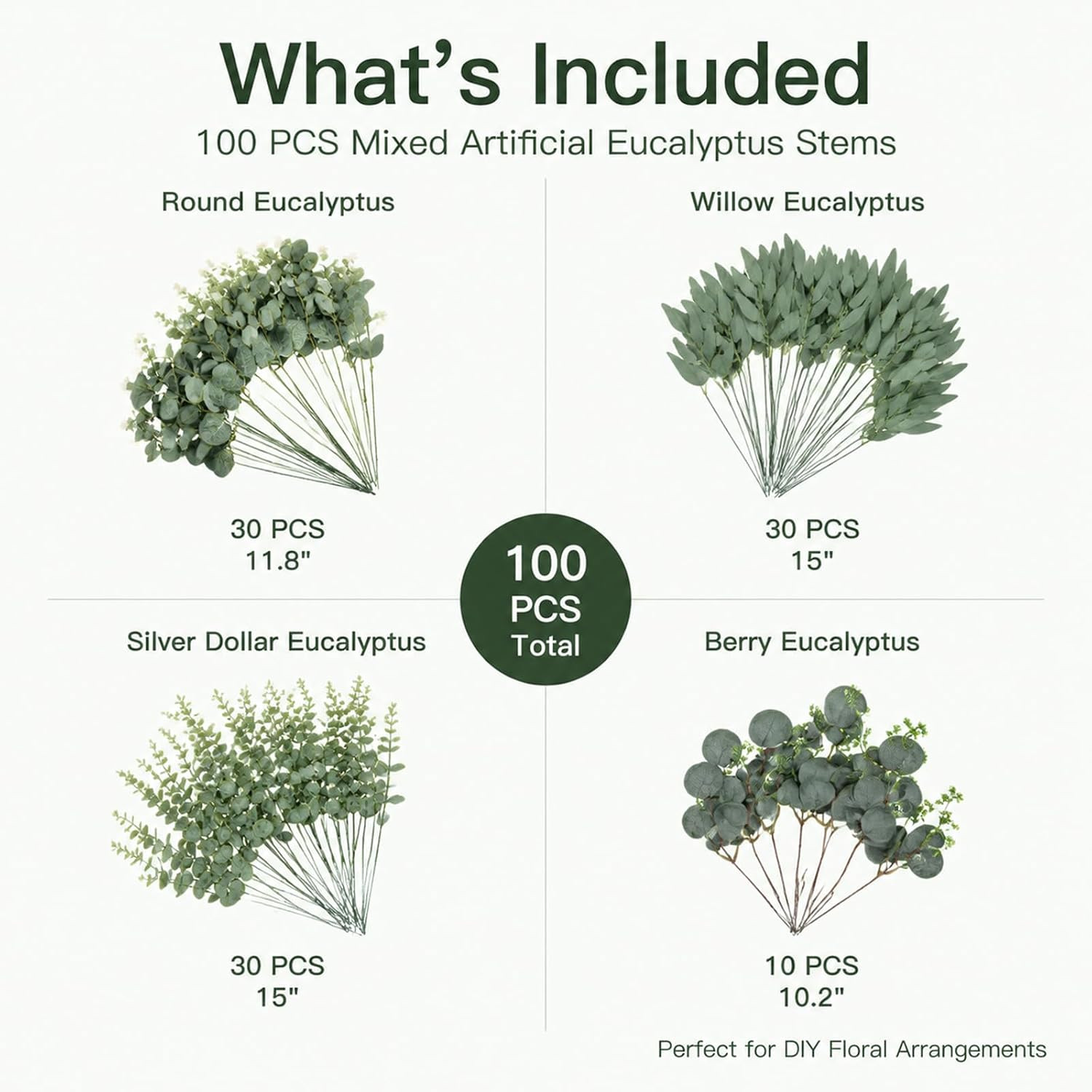 100 Pcs Mixed Artificial Eucalyptus Stems Leaves Bulk, 4 Kinds Faux Greenery Sil