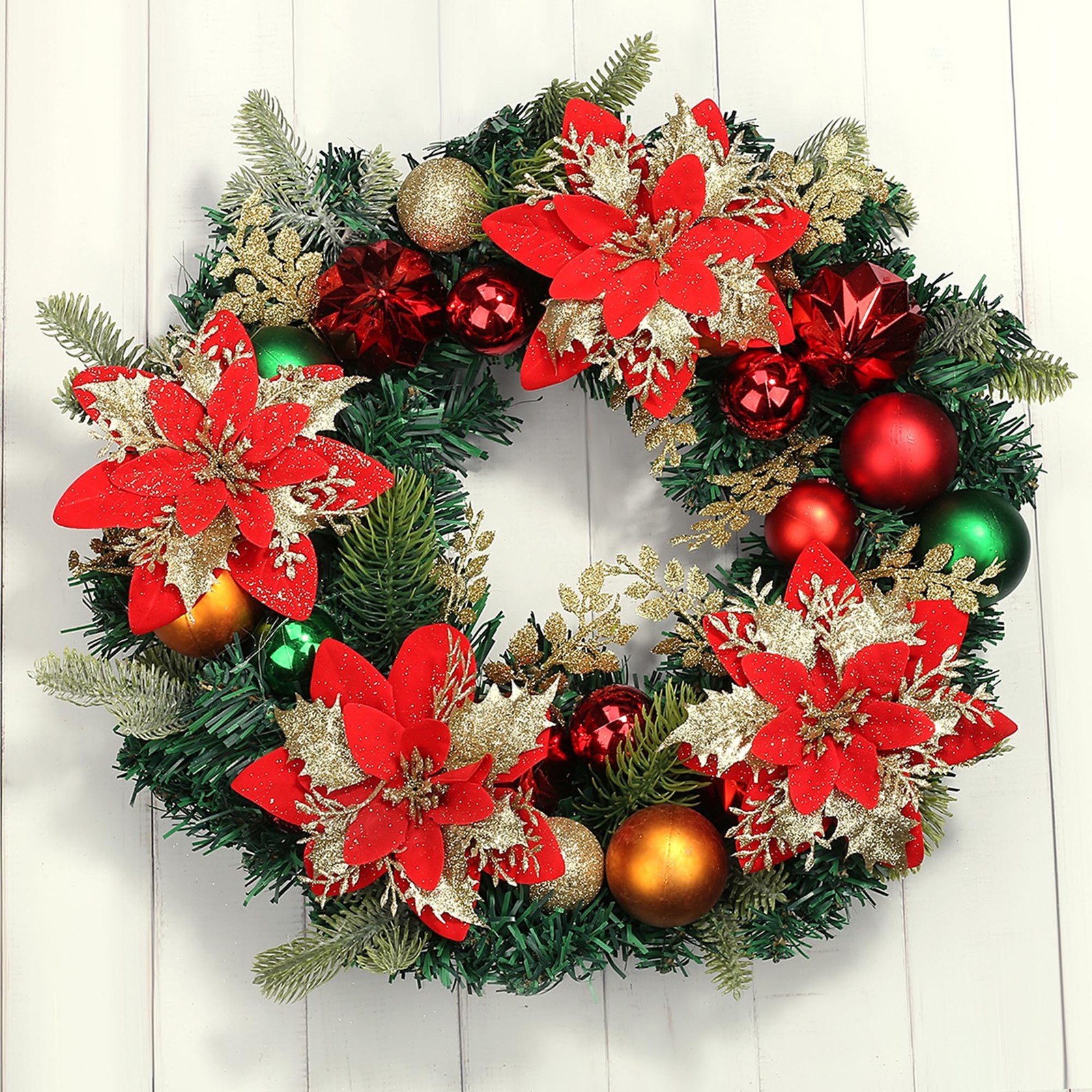 24 Pcs Red Gold Poinsettia Artificial Christmas Flowers 5.5″ Glitter Poinsett…