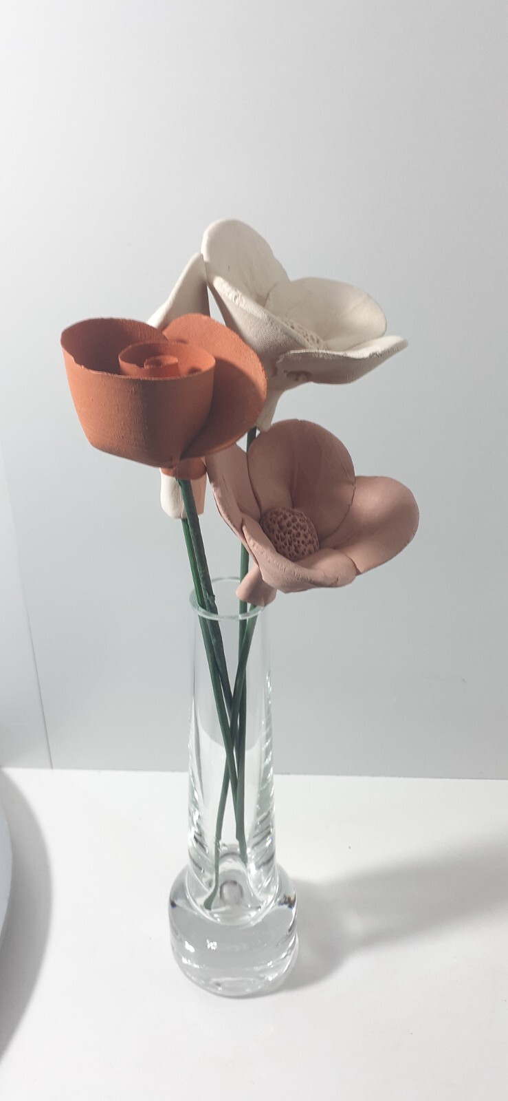 Vintage Capodimonte Handcrafted Porcelain Flowers Flexible Green Stem Clear Vase